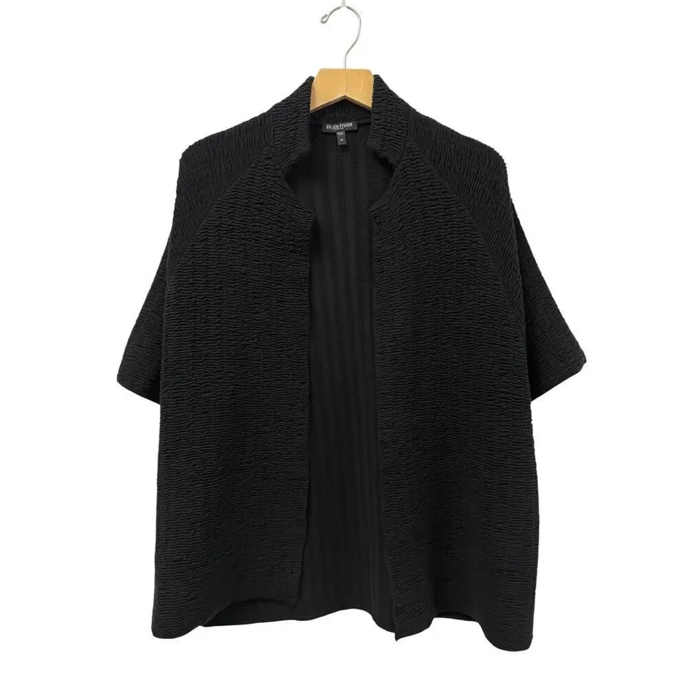 Eileen Fisher Petite Silk Blend Open Front Crinkle Jacket in Black size PP (2/4)